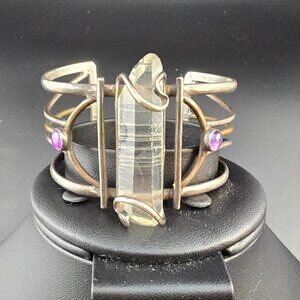 Vintage UMA SILBEY Handcrafted 925 Sterling Silver Quartz Amethyst Cuff Bracelet